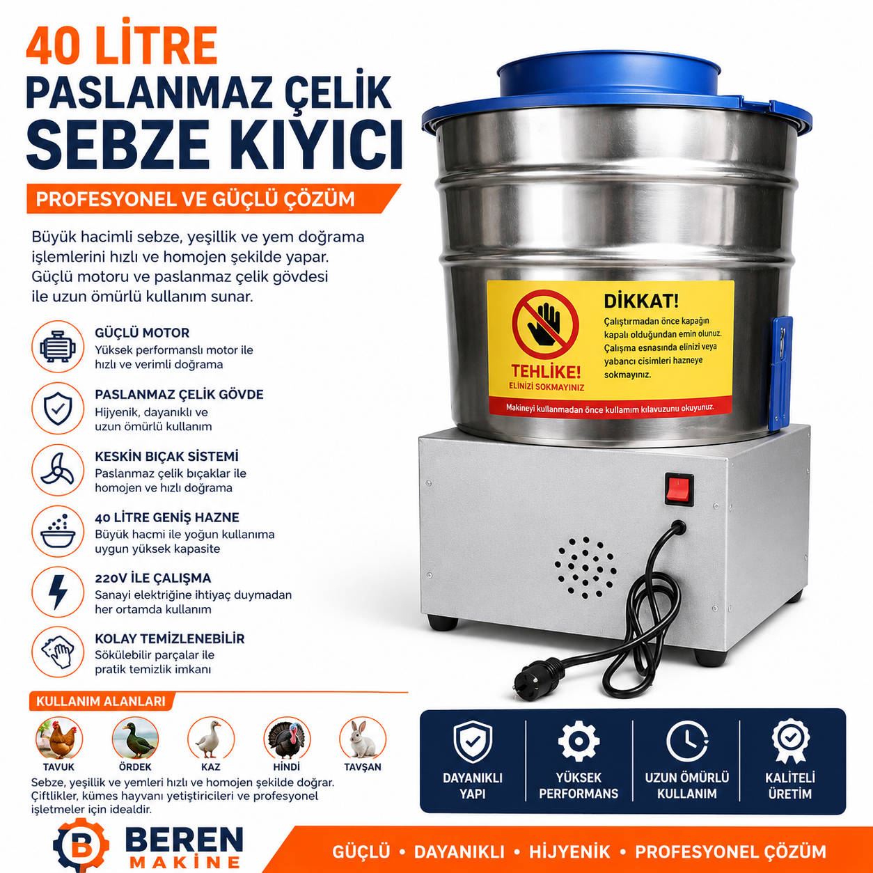 40 Litre Paslanmaz Çelik Sebze Kıyıcı 220V – Endüstriyel Yem Hazırlama Makinesi