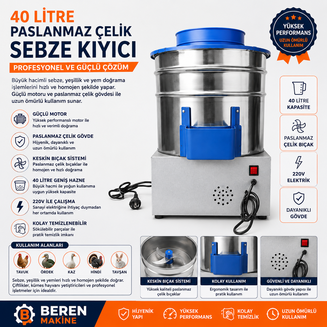 40 Litre Paslanmaz Çelik Sebze Kıyıcı 220V – Endüstriyel Yem Hazırlama Makinesi