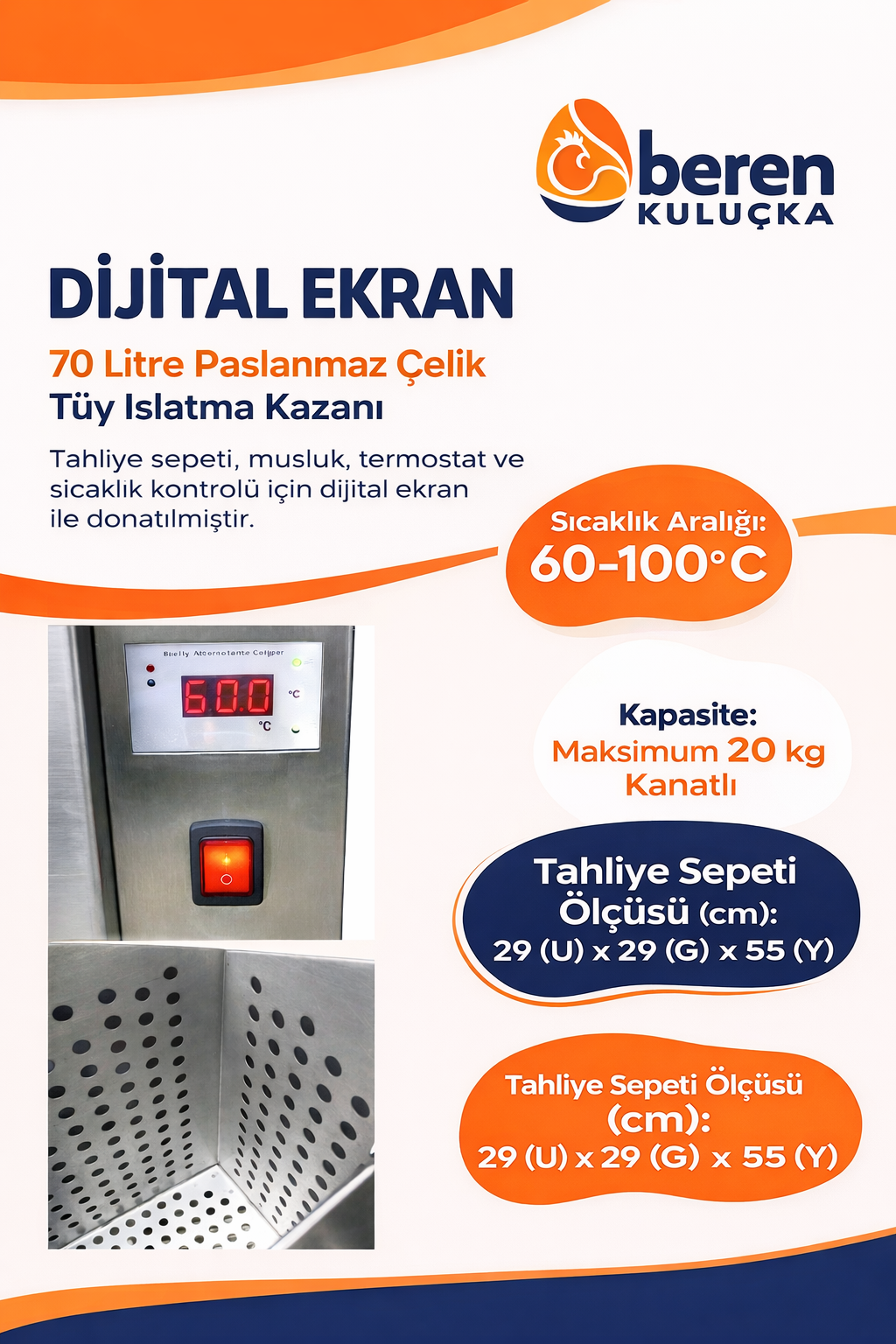 Beren 70 L Paslanmaz Tüy Islatma Kazanı | Dijital Termostatlı Kanatlı Islatma Tankı (220V 2000W)