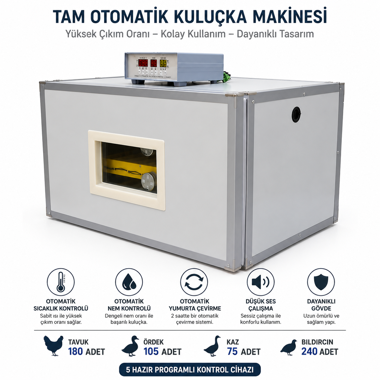 Beren Makine 180 Yumurtalık Ticari Tam Otomatik Kuluçka Makinesi – 3 Raflı, 5 Programlı