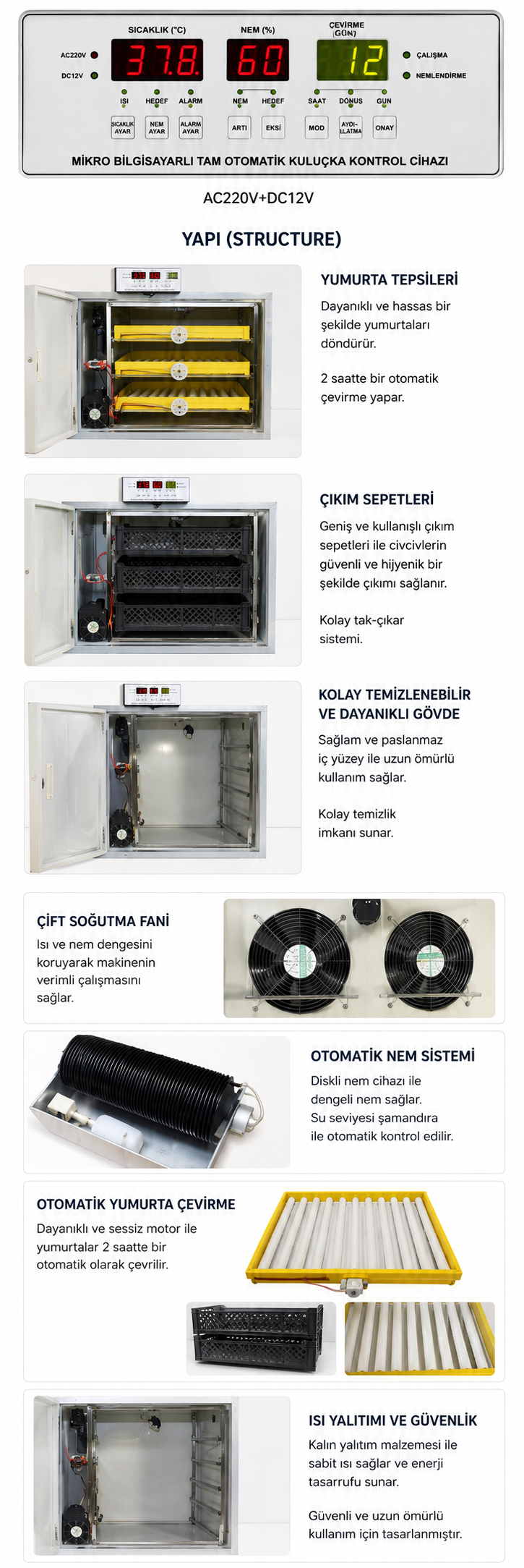 Beren Makine 240 Yumurtalık Ticari Tam Otomatik Kuluçka Makinesi – 3 Raflı, 5 Programlı