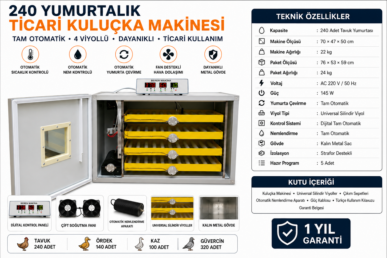 Beren Makine 240 Yumurtalık Ticari Tam Otomatik Kuluçka Makinesi – 3 Raflı, 5 Programlı