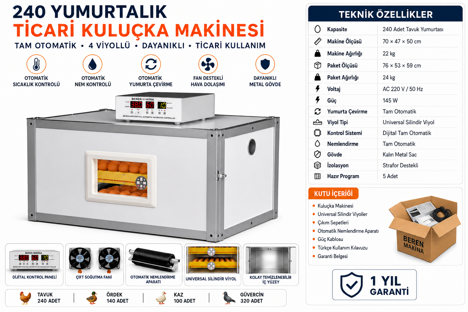 Beren Makine 240 Yumurtalık Ticari Tam Otomatik Kuluçka Makinesi – 3 Raflı, 5 Programlı