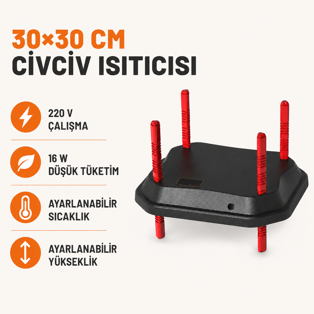 Beren Makine 30×30 cm Ayarlanabilir Civciv Isıtıcısı – 16 W, 220 V