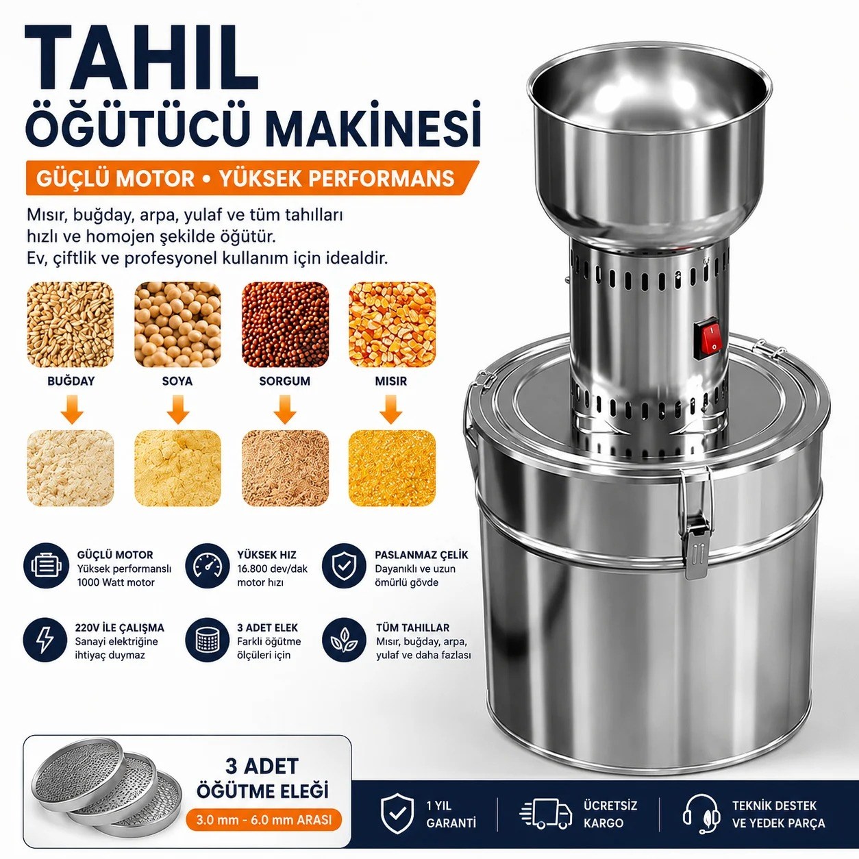 Beren Makine 30 Litre Paslanmaz Çelik Tahıl ve Yem Öğütücü Makinesi – 1000 W, 220 V
