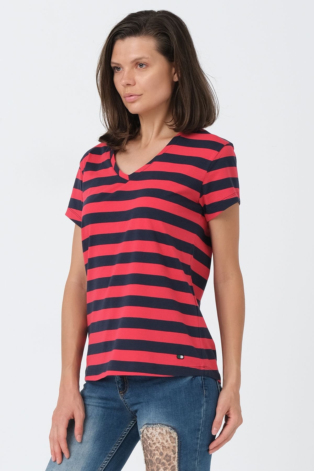 Çizgili Kırmızı - Lacivert V Yaka Basic T-shirt ND-2003