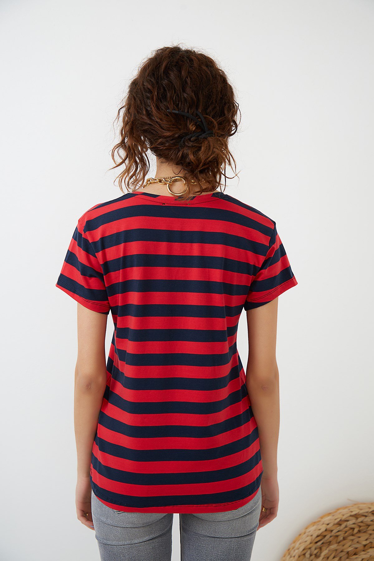 Çizgili Kırmızı - Lacivert V Yaka Basic T-shirt YND-2003
