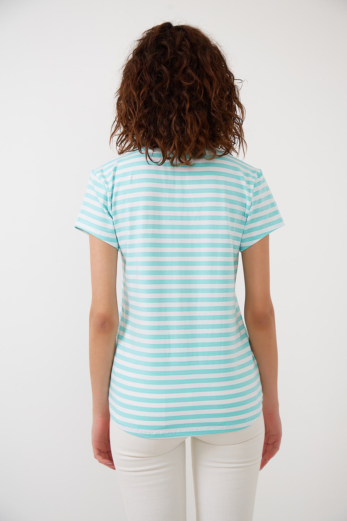 Çizgili Mint-Beyaz V Yaka Basic T-shirt YND-2003