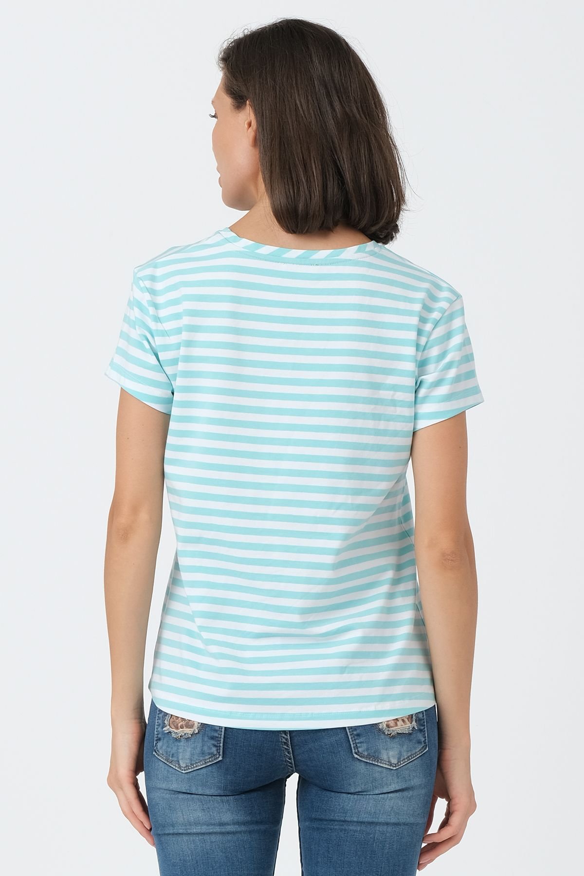 Çizgili Mint-Beyaz V Yaka Basic T-shirt ND-2003