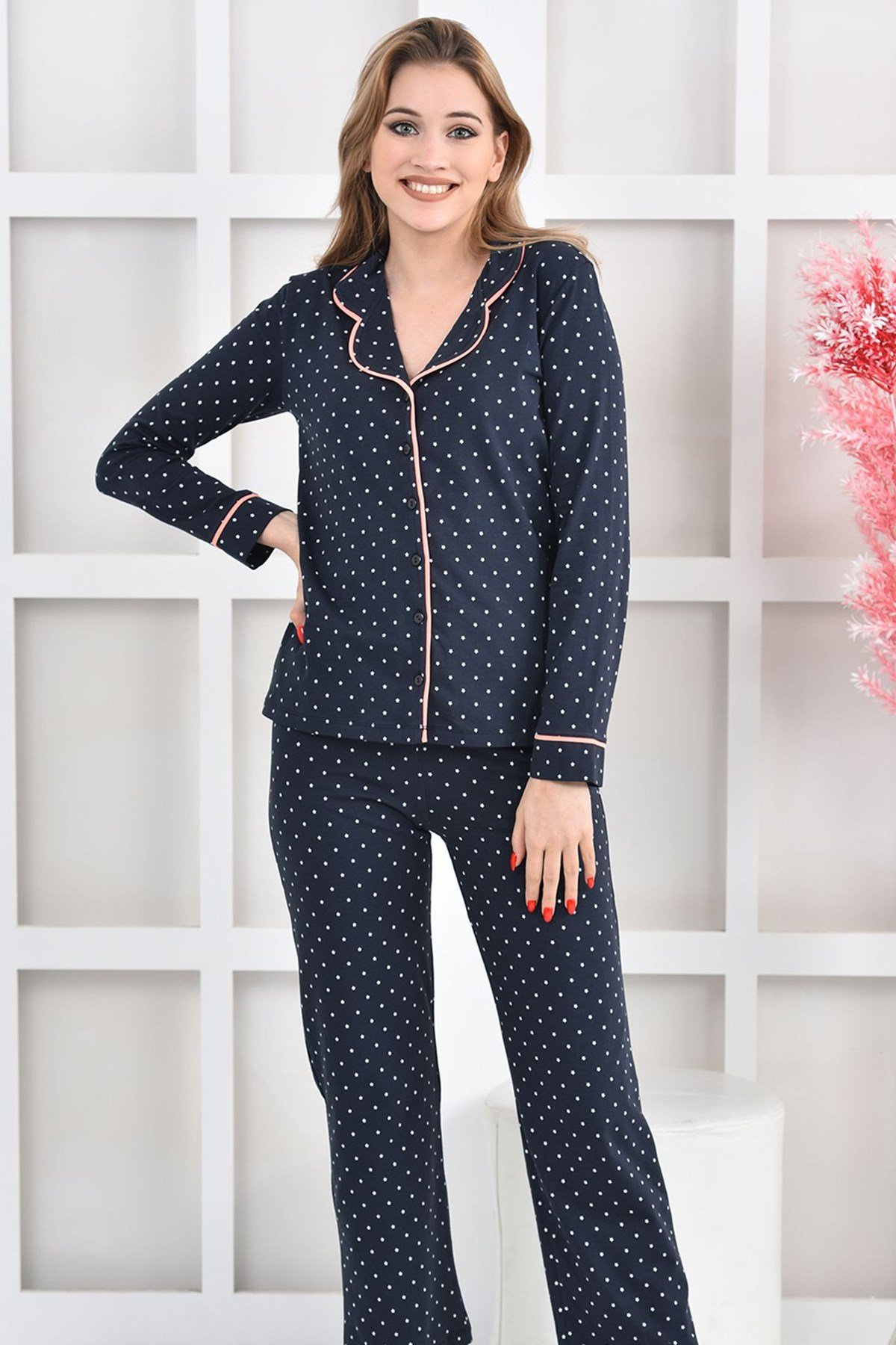 Lacivert Yıldız Baskılı Likralı Örme Pijama Takımı ND-2006