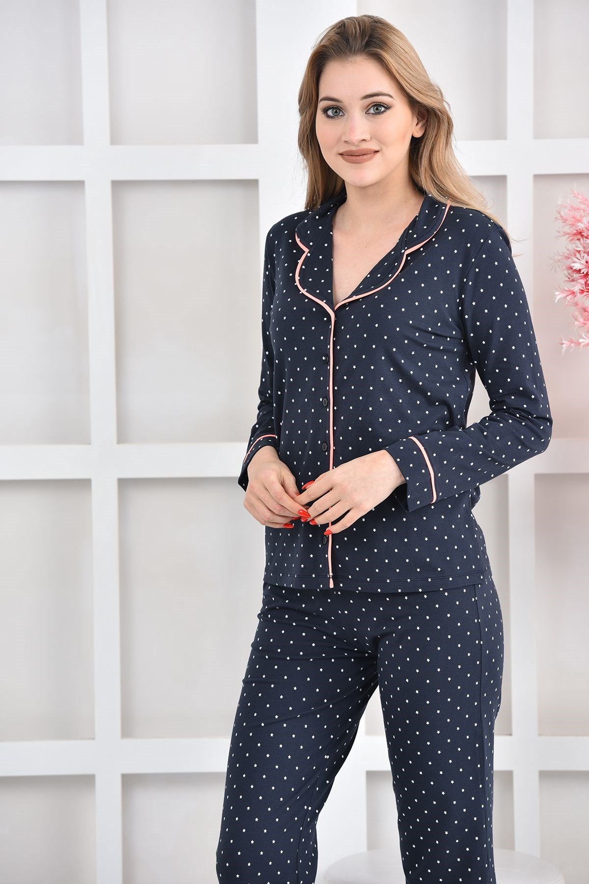 Lacivert Yıldız Baskılı Likralı Örme Pijama Takımı ND-2006
