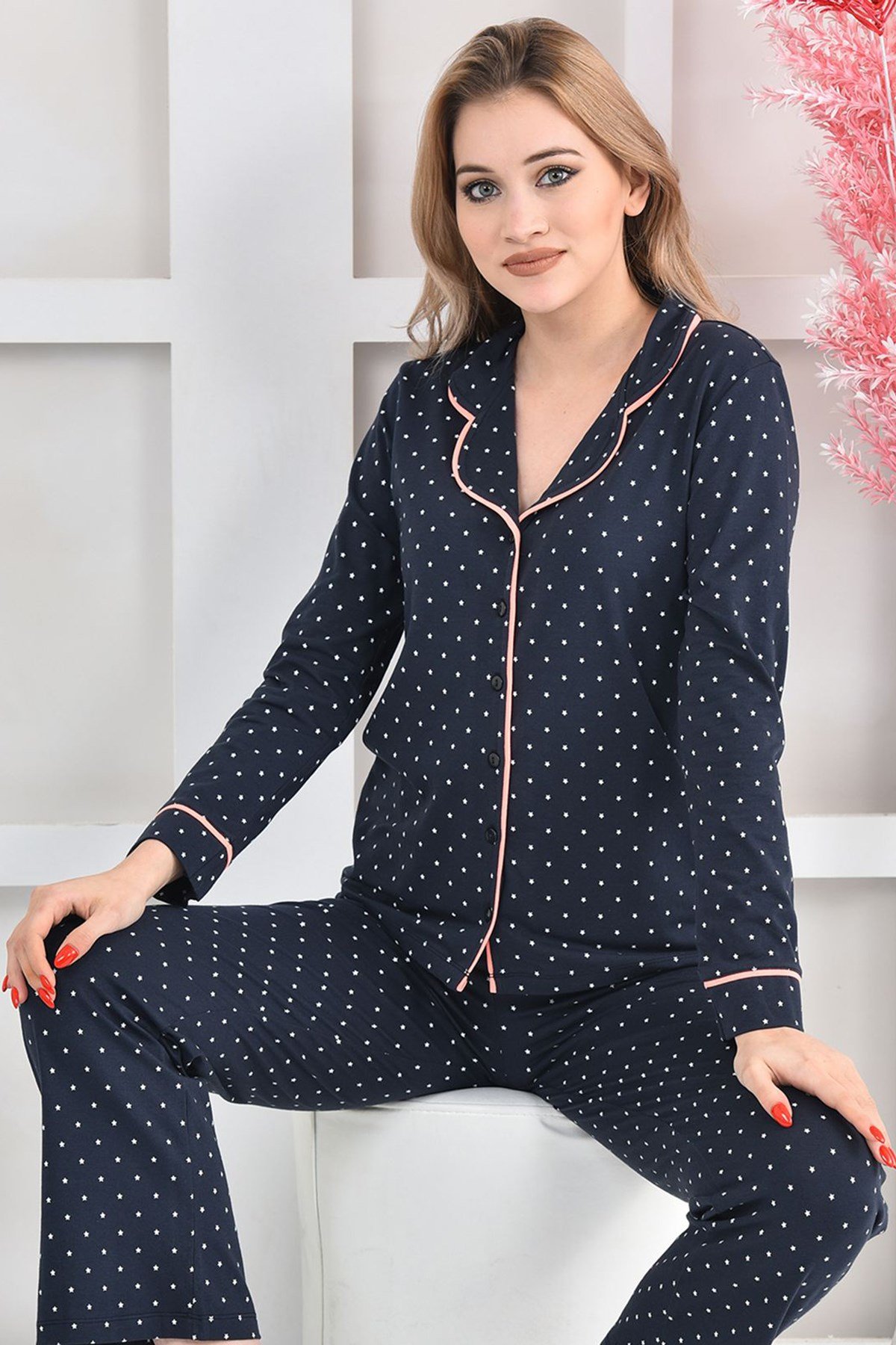 Lacivert Yıldız Baskılı Likralı Örme Pijama Takımı ND-2006