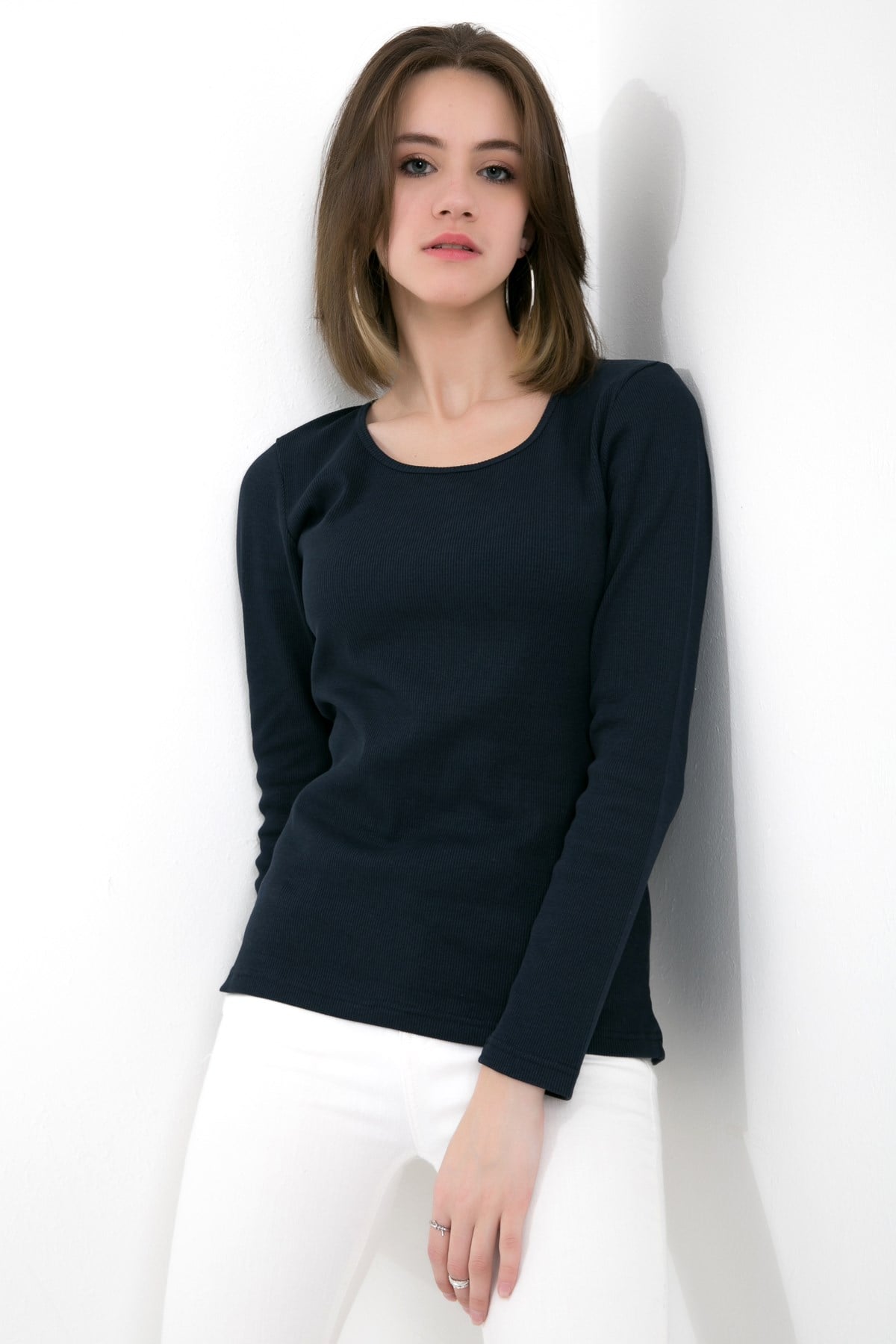 Likralı Uzun Kollu Fitilli Örme O Yaka Basic Lacivert Bluz ND-26208