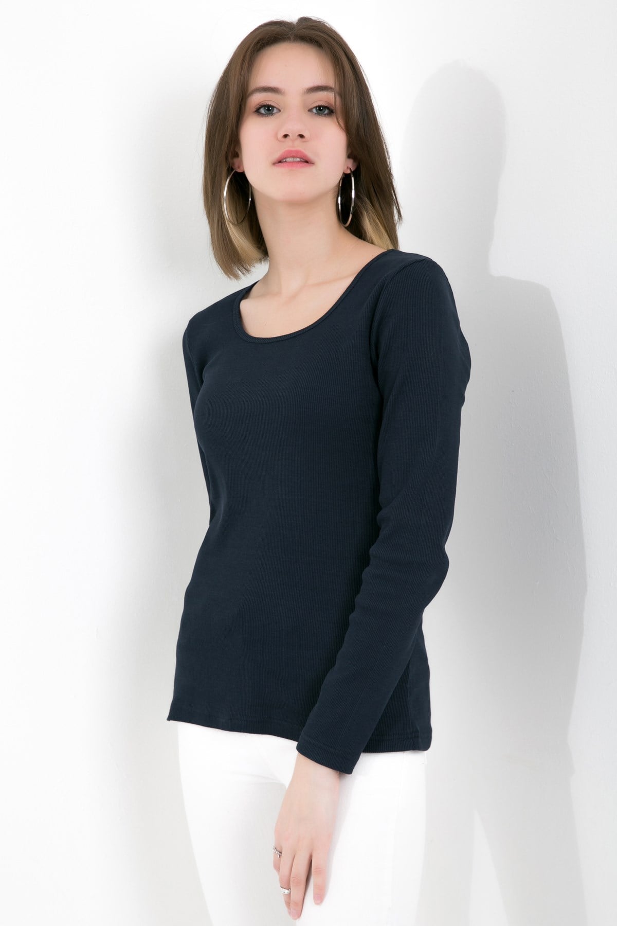 Likralı Uzun Kollu Fitilli Örme O Yaka Basic Lacivert Bluz ND-26208