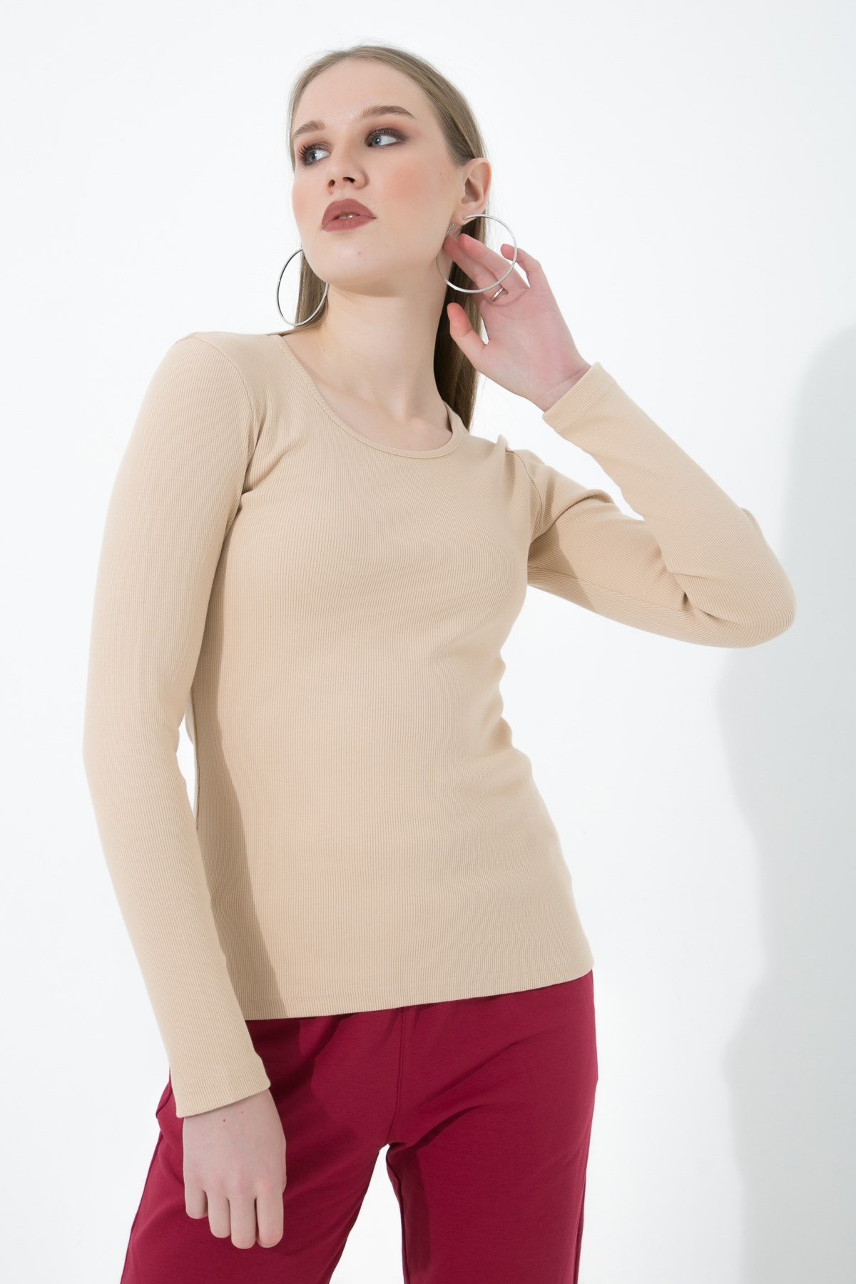 Likralı Uzun Kollu Fitilli Örme O Yaka Basic Bej Bluz ND-26208