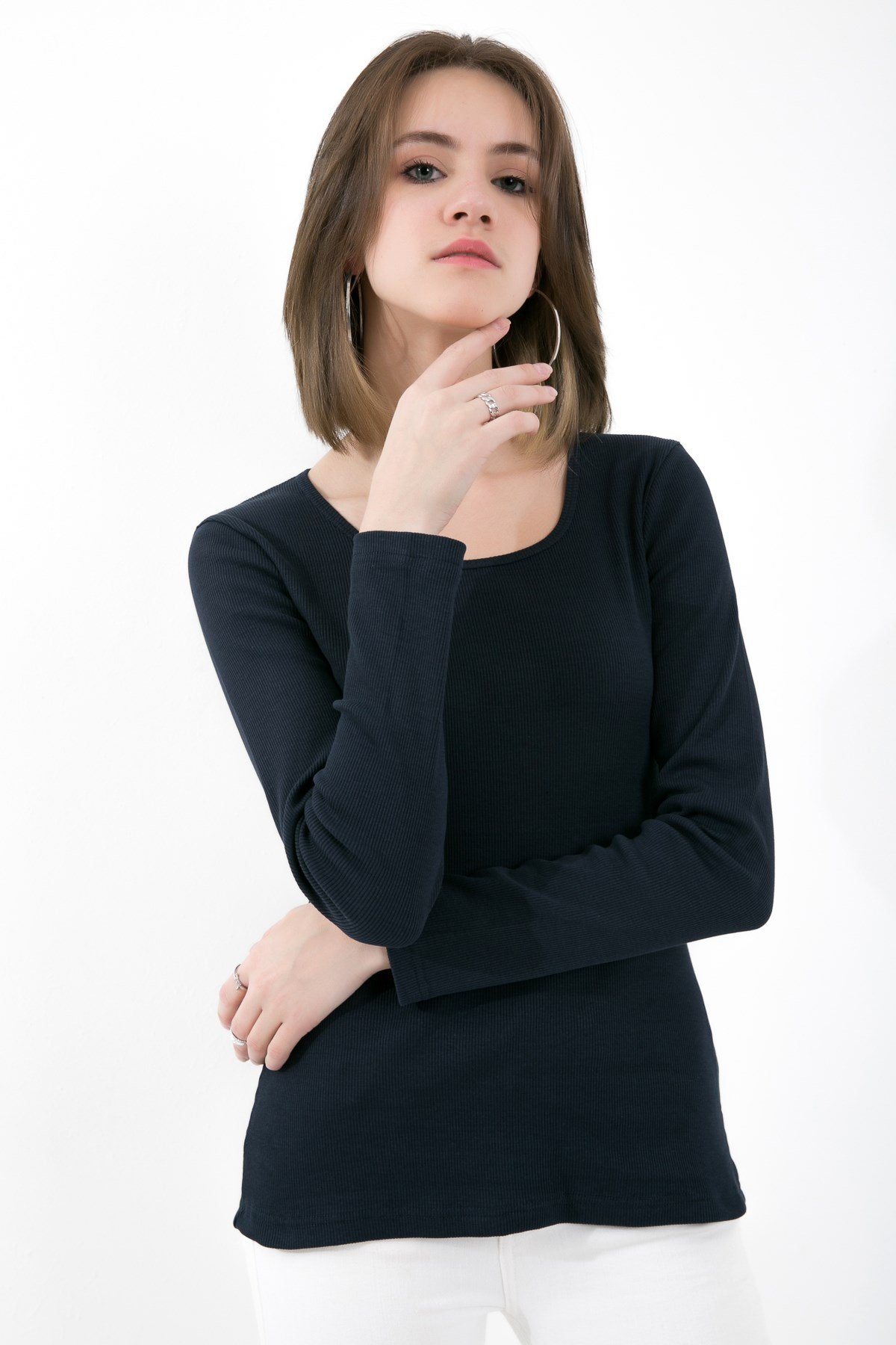 Likralı Uzun Kollu Fitilli Örme O Yaka Basic Lacivert Bluz ND-26208