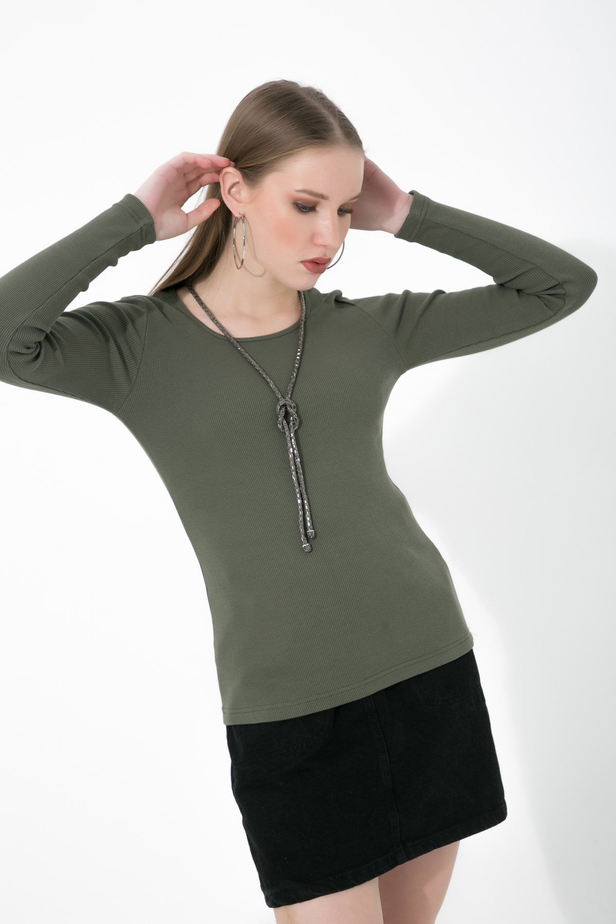 Likralı Uzun Kollu Fitilli Örme O Yaka Basic Haki Bluz ND-26208