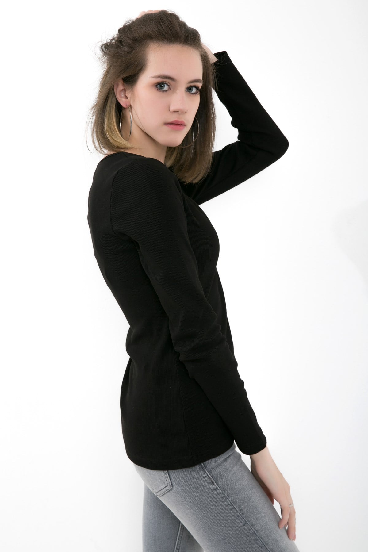 Likralı Uzun Kollu Fitilli Örme O Yaka Basic Siyah Bluz ND-26208