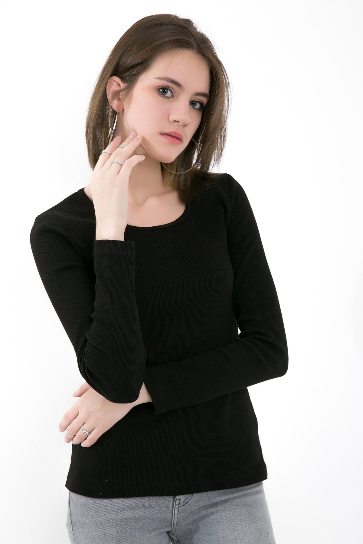 Likralı Uzun Kollu Fitilli Örme O Yaka Basic Siyah Bluz ND-26208