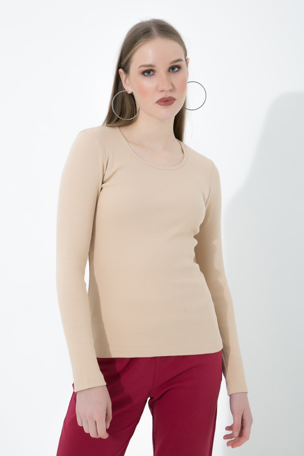 Likralı Uzun Kollu Fitilli Örme O Yaka Basic Bej Bluz ND-26208