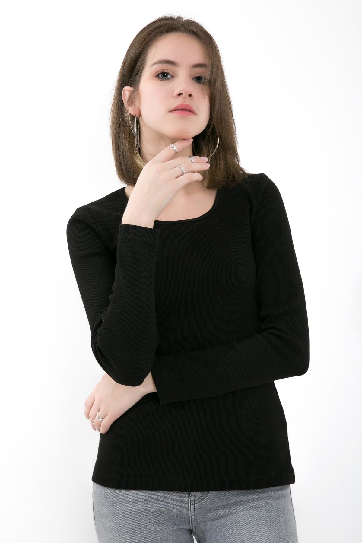 Likralı Uzun Kollu Fitilli Örme O Yaka Basic Siyah Bluz ND-26208
