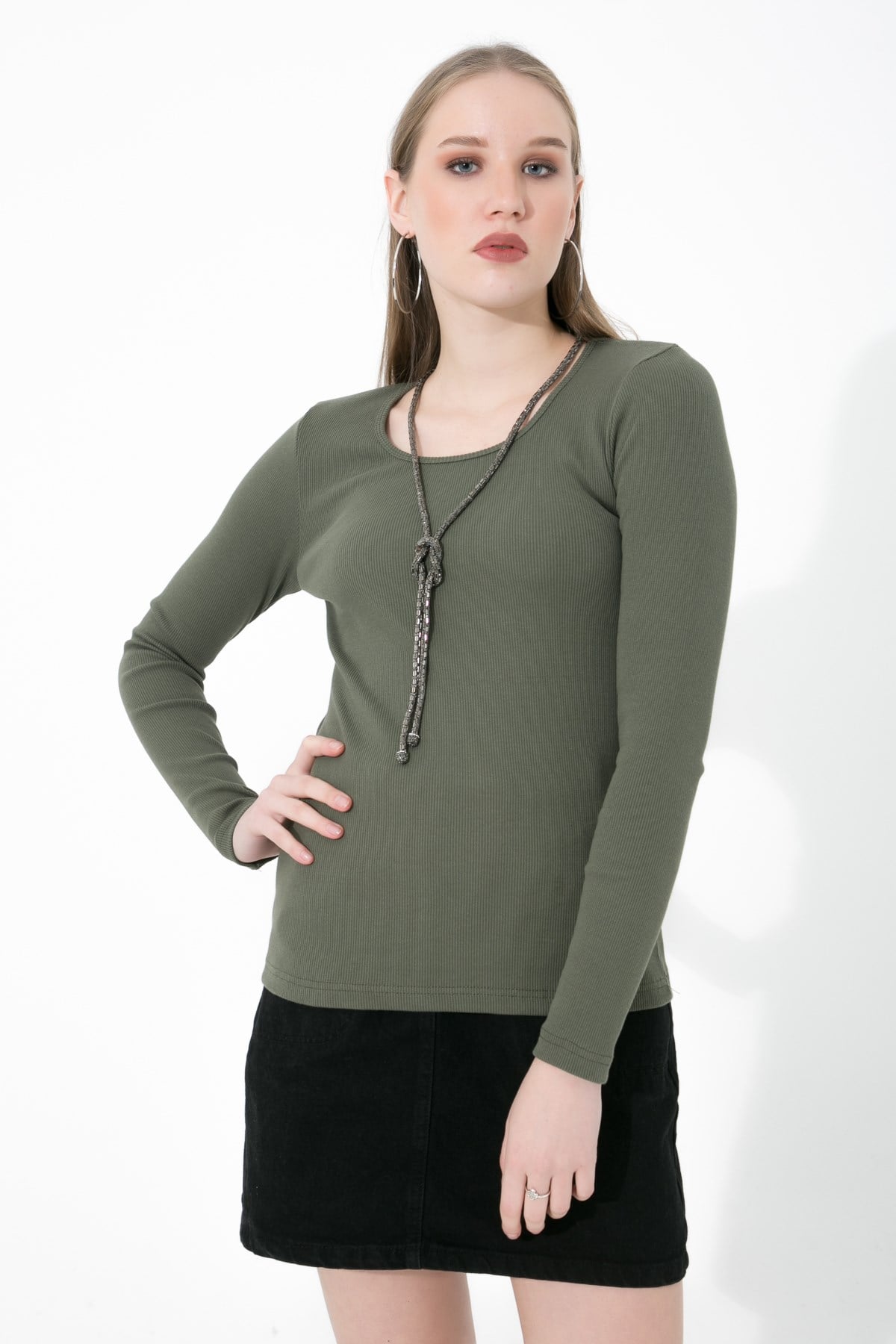 Likralı Uzun Kollu Fitilli Örme O Yaka Basic Haki Bluz ND-26208