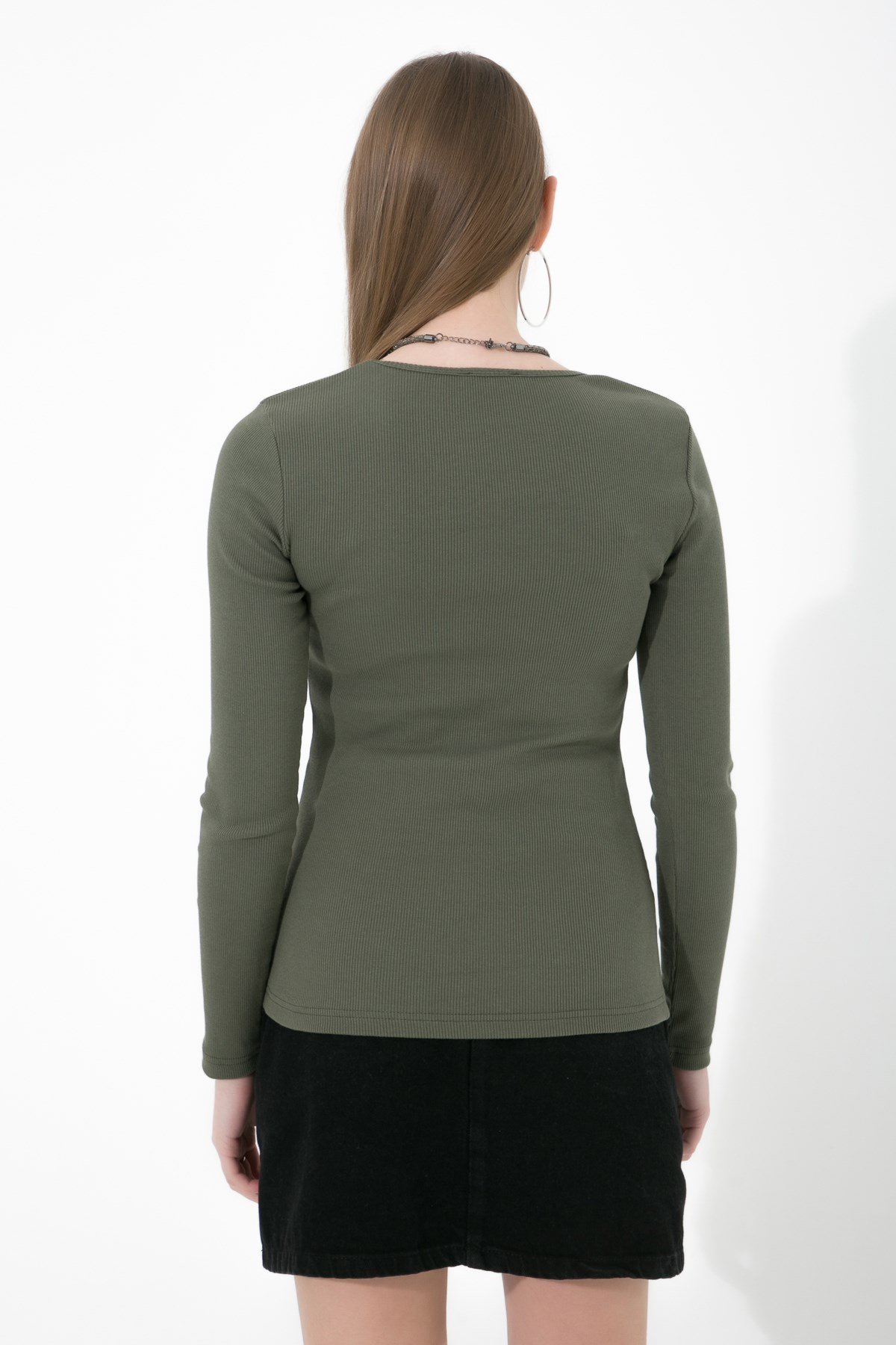 Likralı Uzun Kollu Fitilli Örme O Yaka Basic Haki Bluz ND-26208