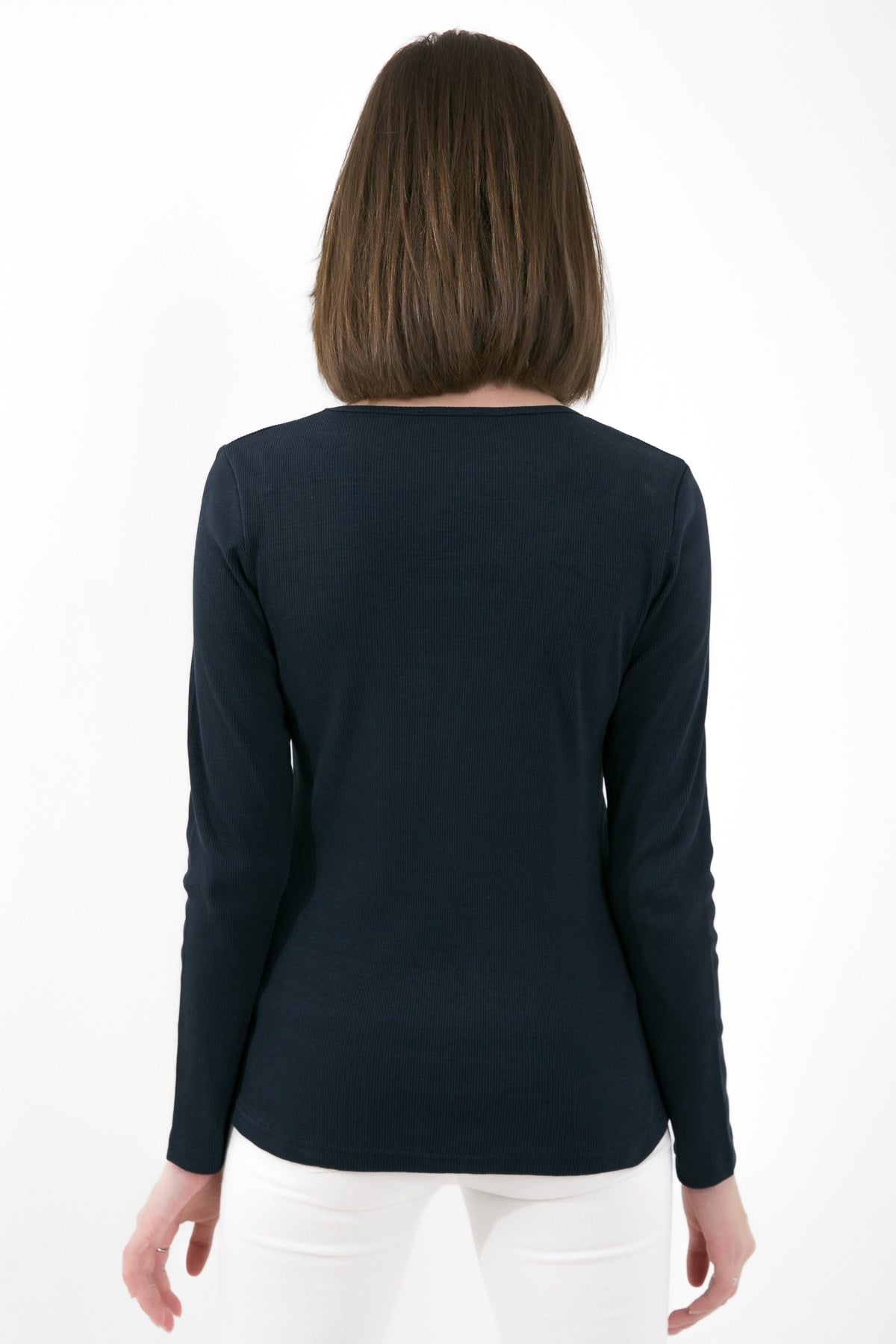 Likralı Uzun Kollu Fitilli Örme O Yaka Basic Lacivert Bluz ND-26208
