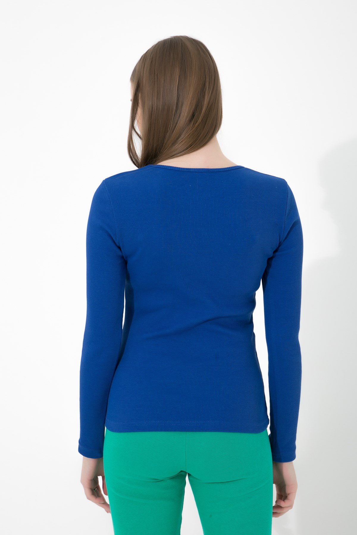 Likralı Uzun Kollu Fitilli Örme O Yaka Basic Saks Bluz ND-26208