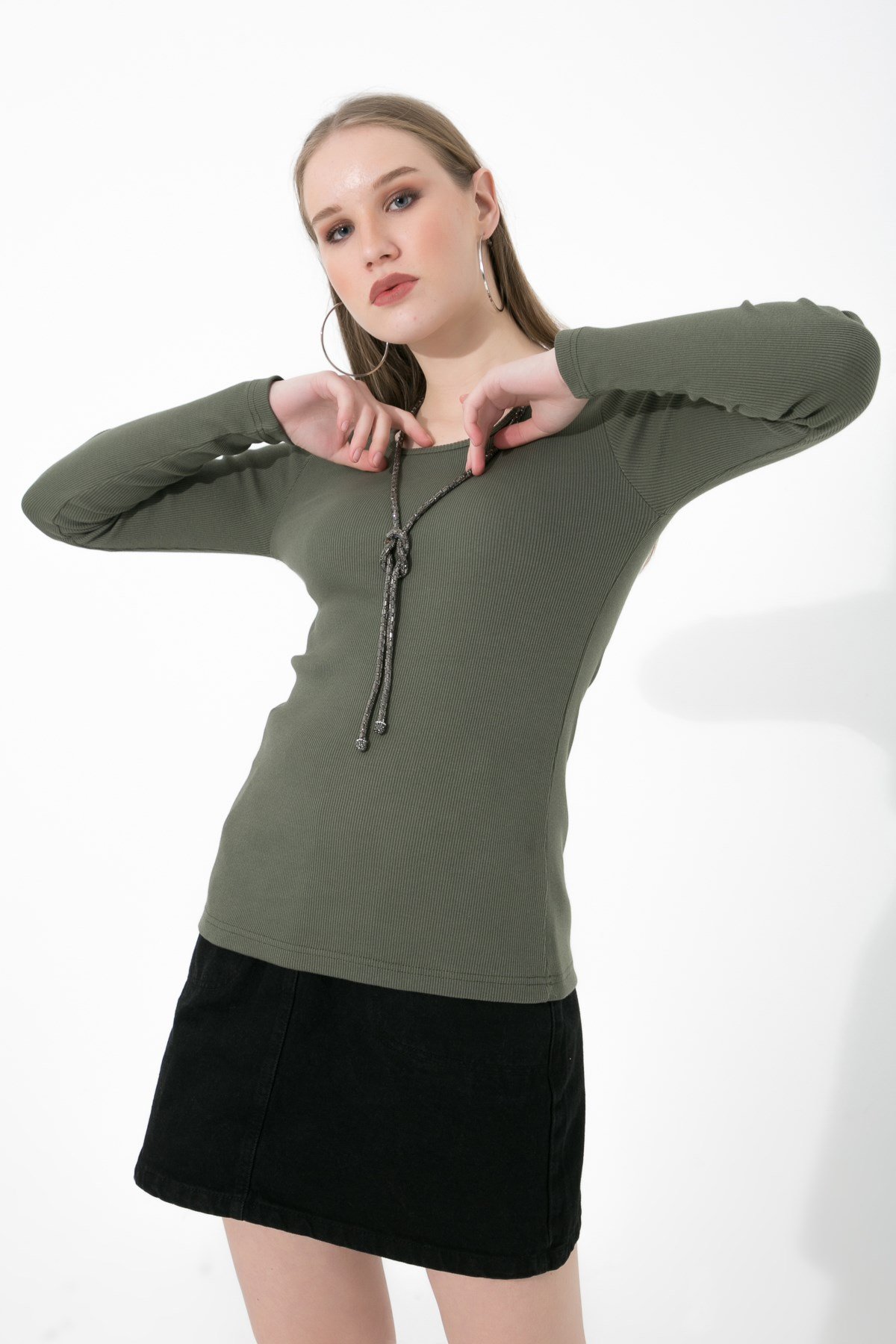 Likralı Uzun Kollu Fitilli Örme O Yaka Basic Haki Bluz ND-26208