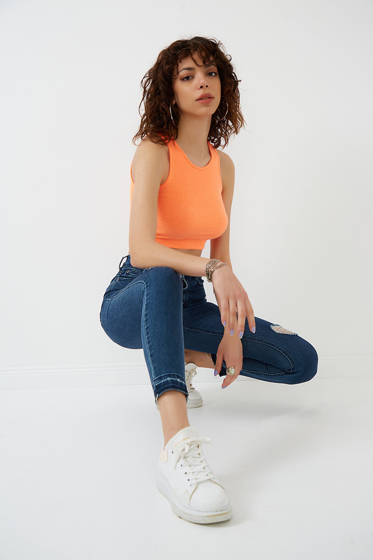 Neon Oranj Likralı Fitilli Örme Crop Atlet ND-26201