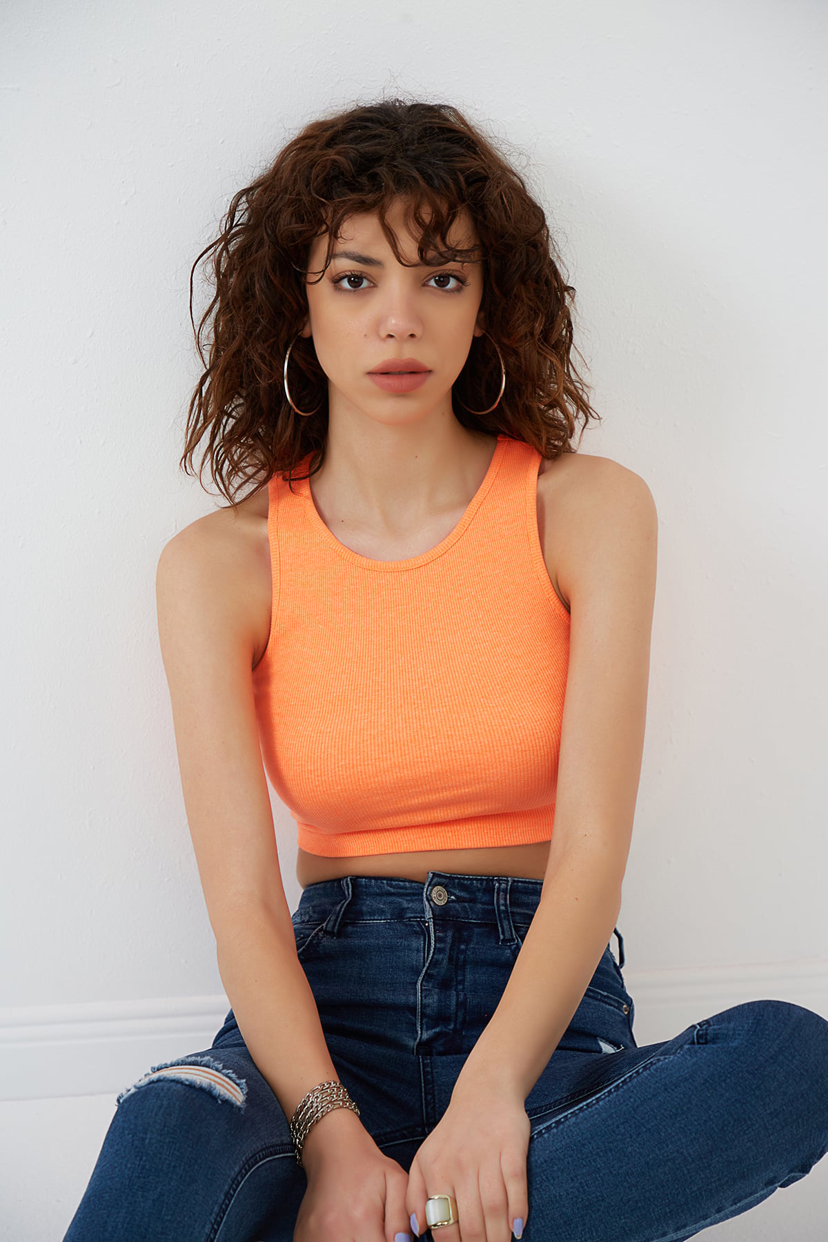 Neon Oranj Likralı Fitilli Örme Crop Atlet ND-26201
