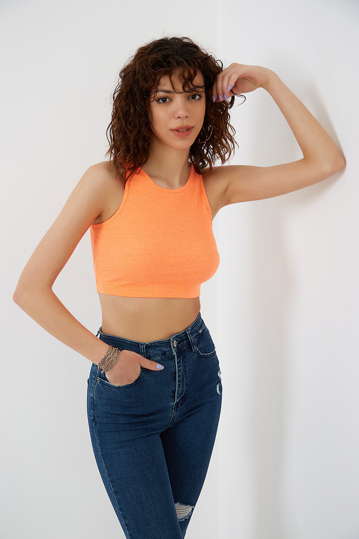 Neon Oranj Likralı Fitilli Örme Crop Atlet ND-26201