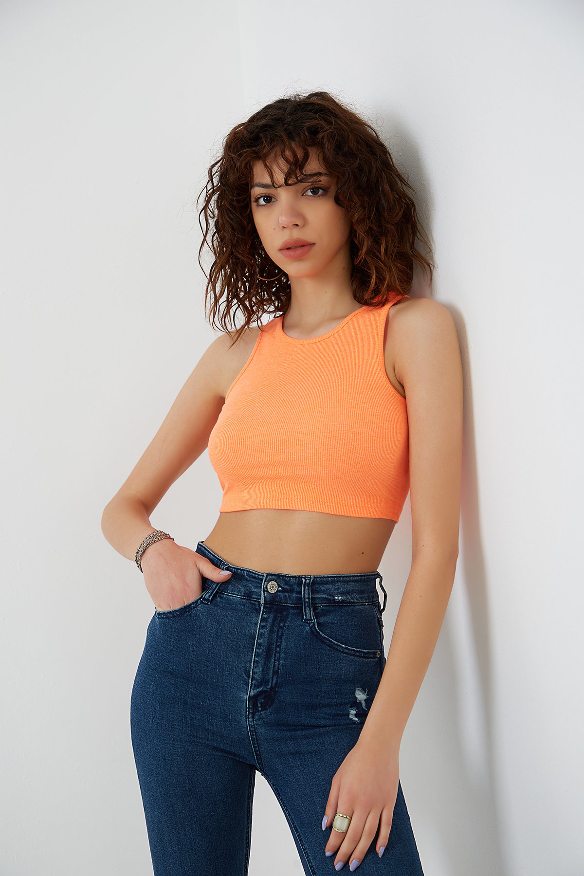Neon Oranj Likralı Fitilli Örme Crop Atlet ND-26201