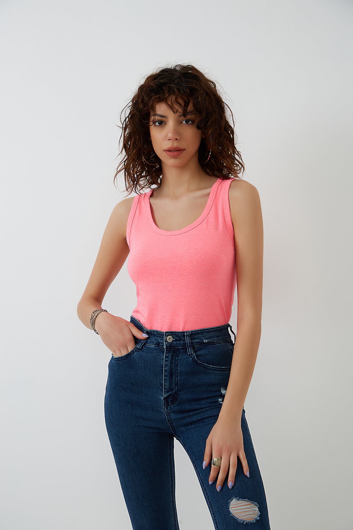 Neon Pembe Kalın Askılı Örme Süprem Atlet ND-26202
