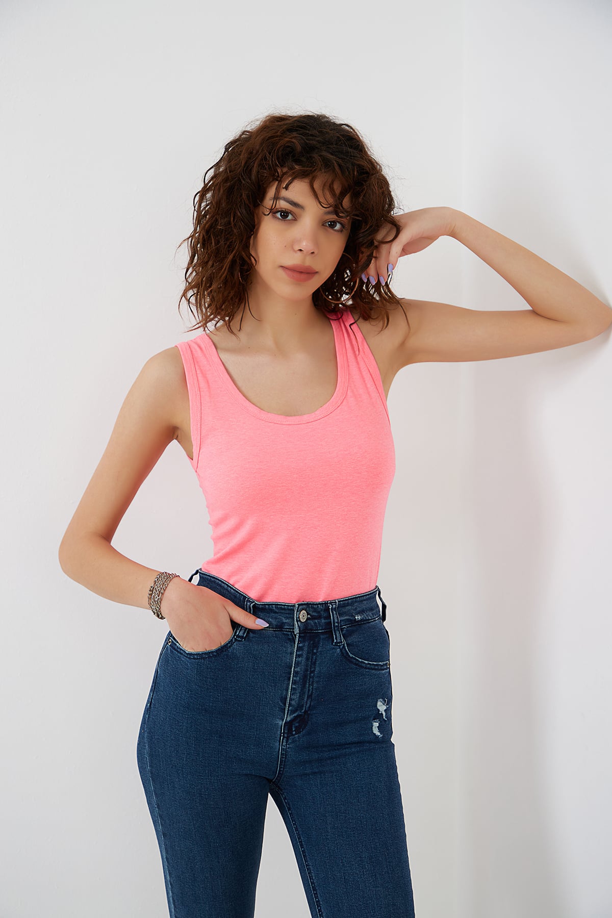 Neon Pembe Kalın Askılı Örme Süprem Atlet ND-26202
