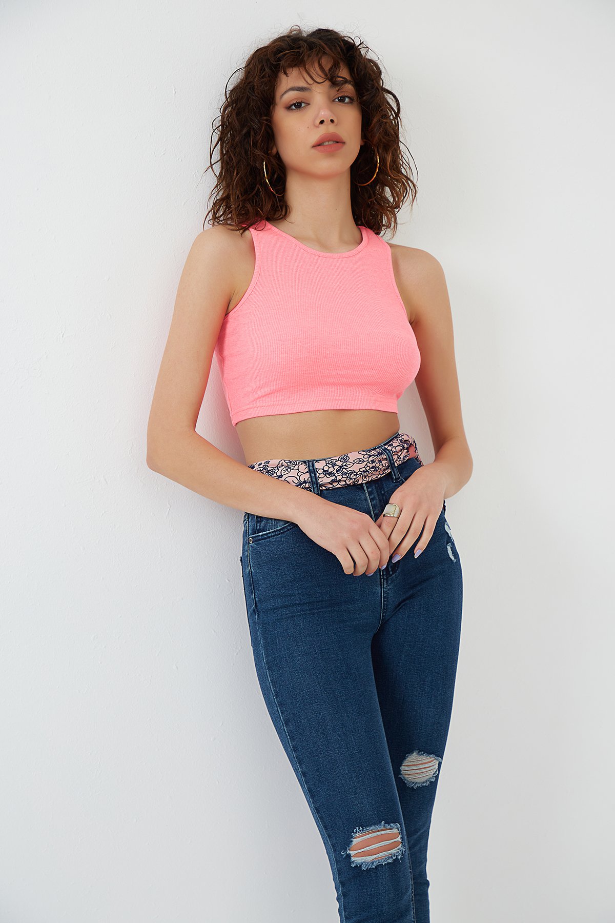 Neon Pembe Likralı Fitilli Örme Crop Atlet ND-26201