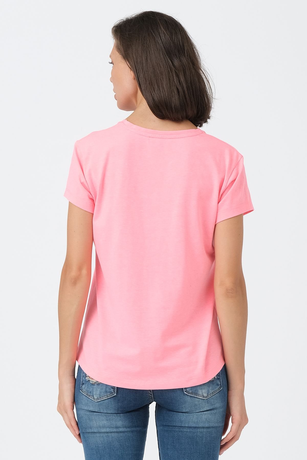 Neon Pembe V Yaka Basic T-shirt ND-2003