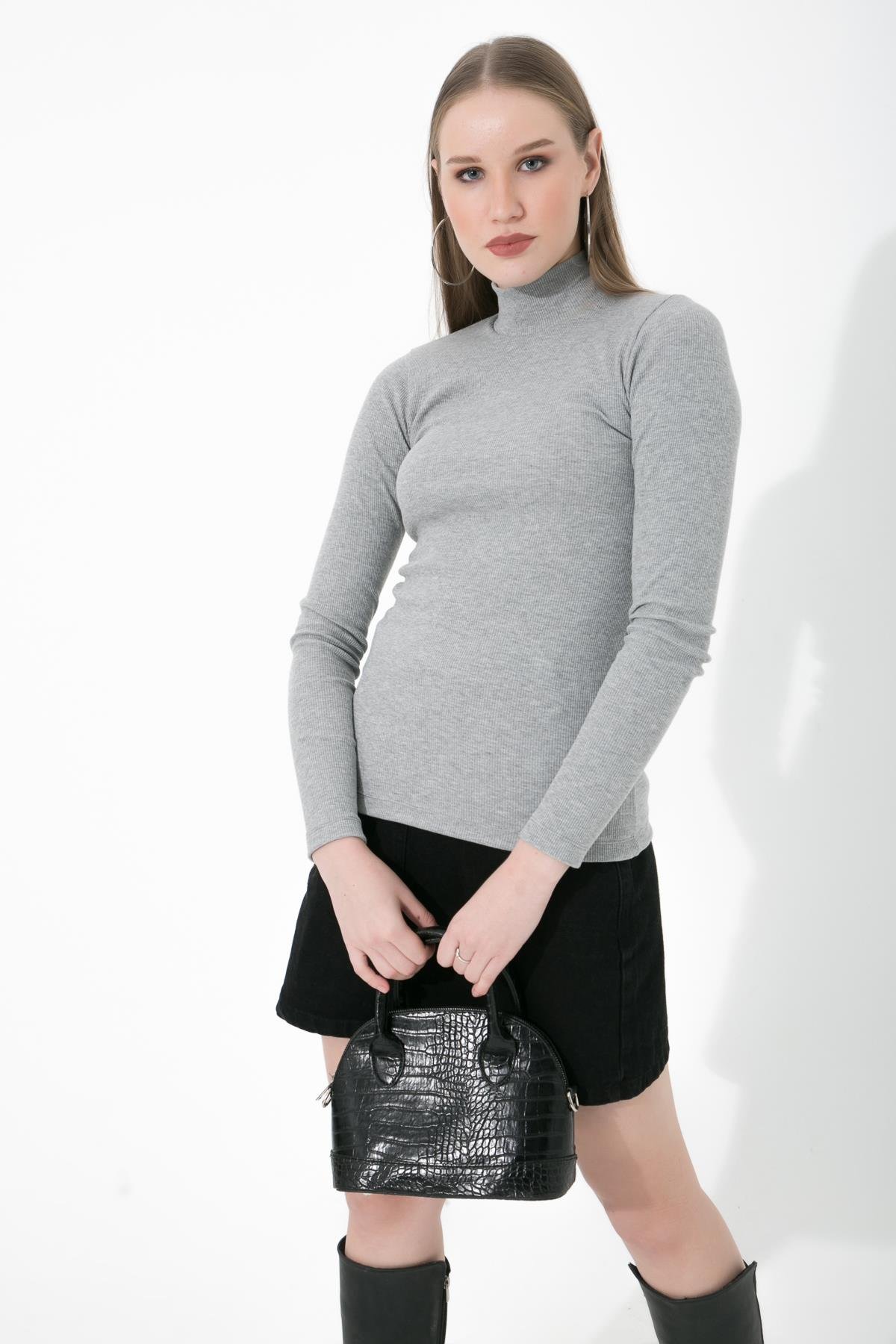 Yarım Balıkçı Fitilli Örme Likralı Basic Gri Melanj Bluz ND-26214