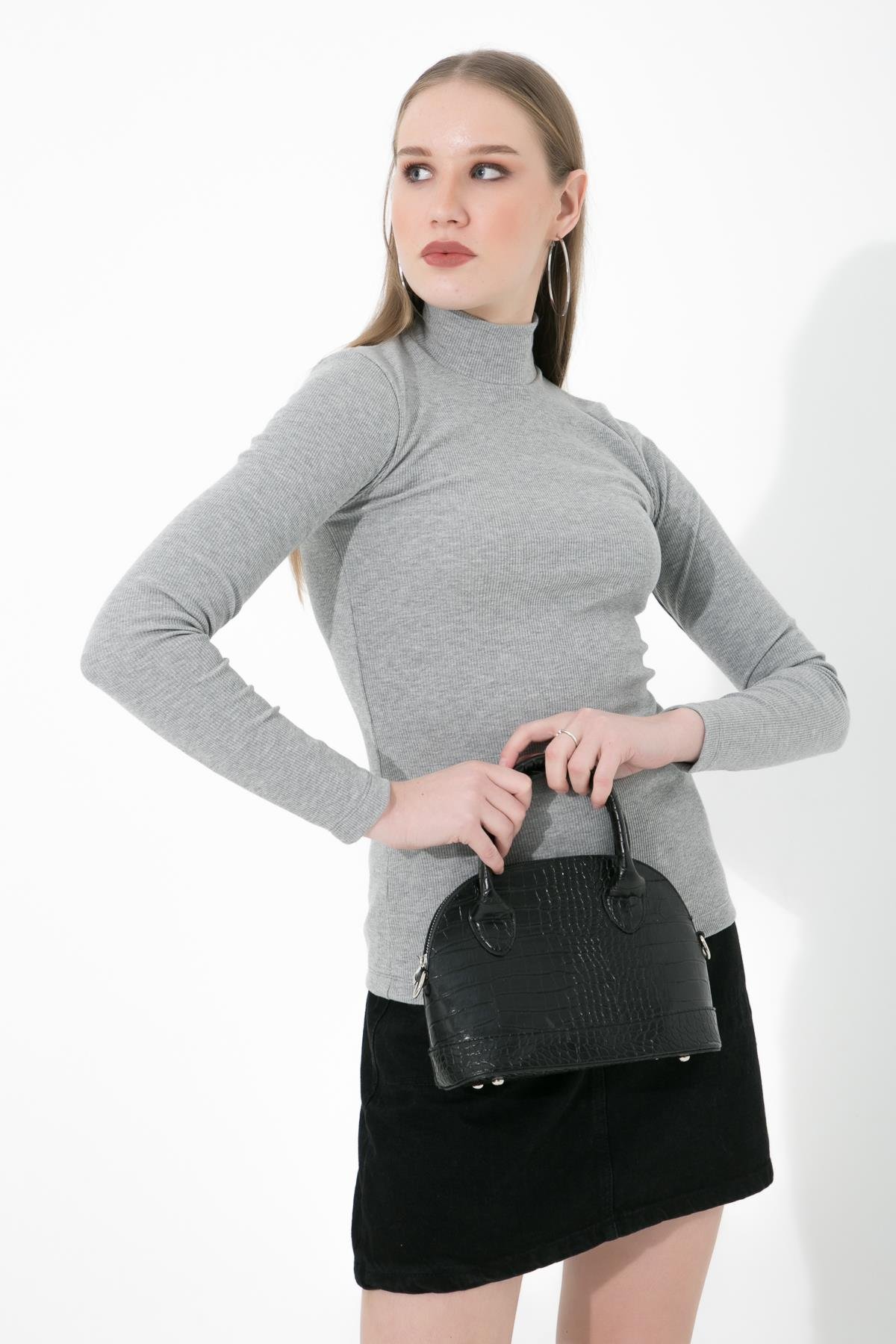 Yarım Balıkçı Fitilli Örme Likralı Basic Gri Melanj Bluz ND-26214