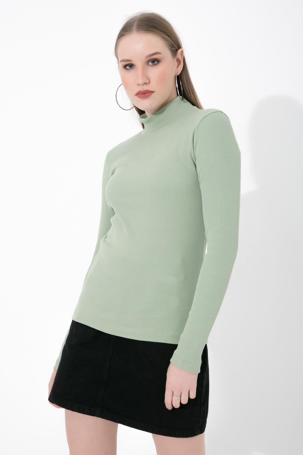 Yarım Balıkçı Fitilli Örme Likralı Basic Çağla Yeşili Bluz ND-26214