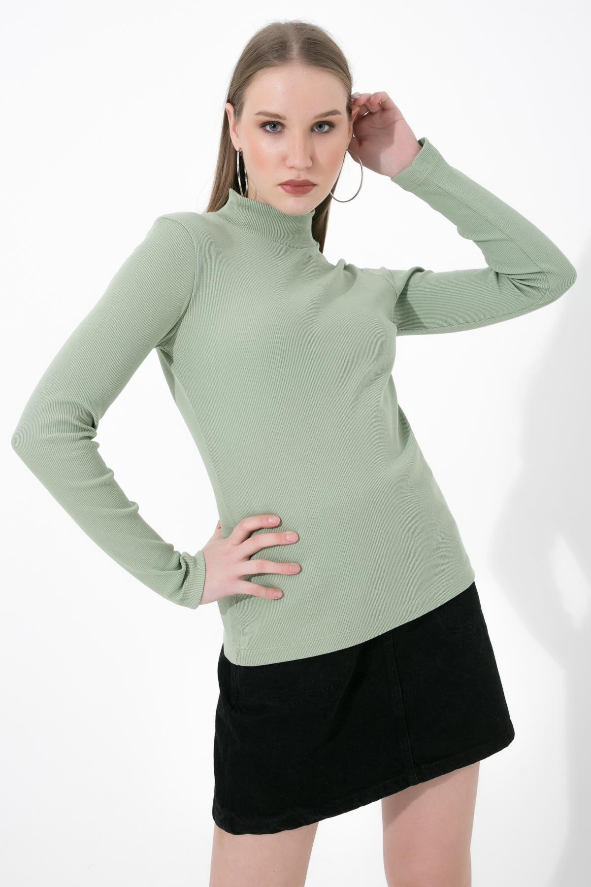 Yarım Balıkçı Fitilli Örme Likralı Basic Çağla Yeşili Bluz ND-26214