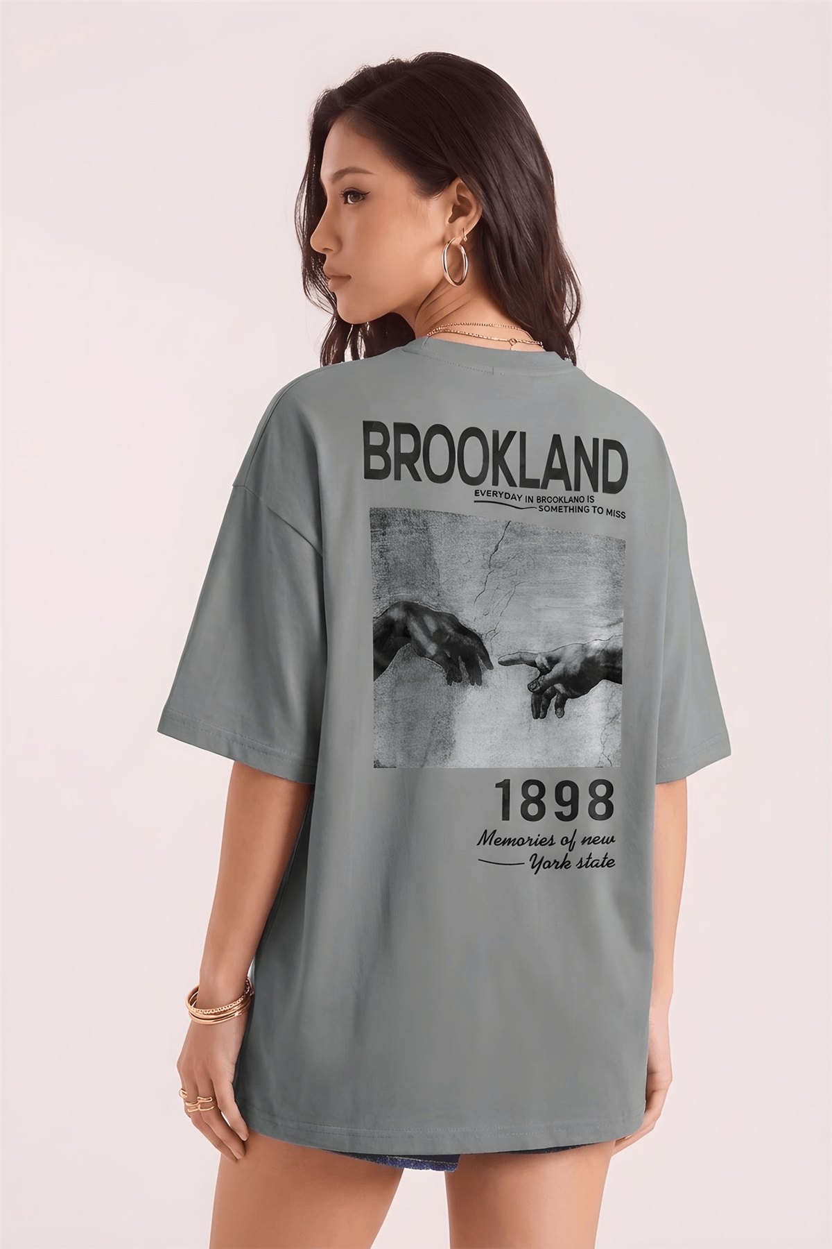 1898 Baskılı Gri Oversize Salas Boyfriend Kadın T-Shirt