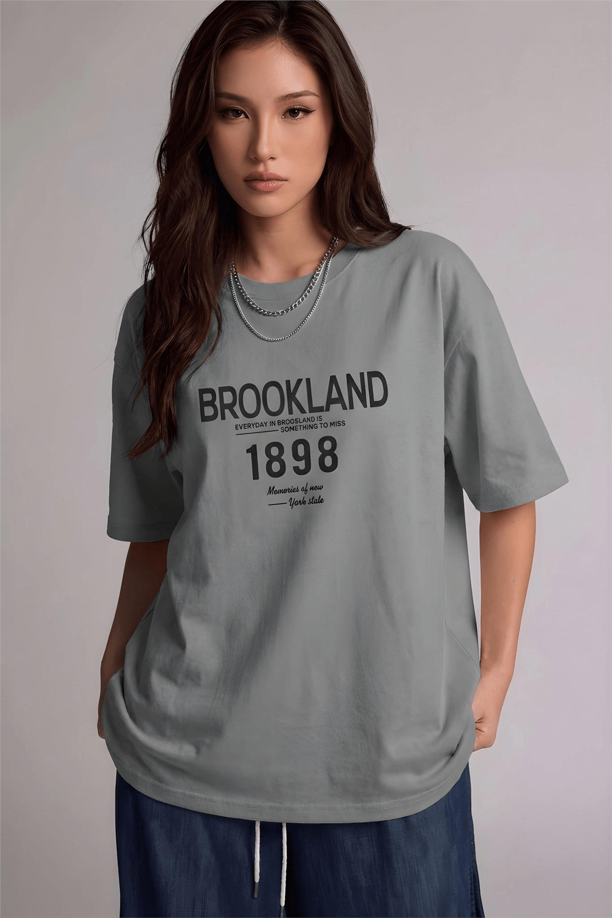 1898 Baskılı Gri Oversize Salas Boyfriend Kadın T-Shirt