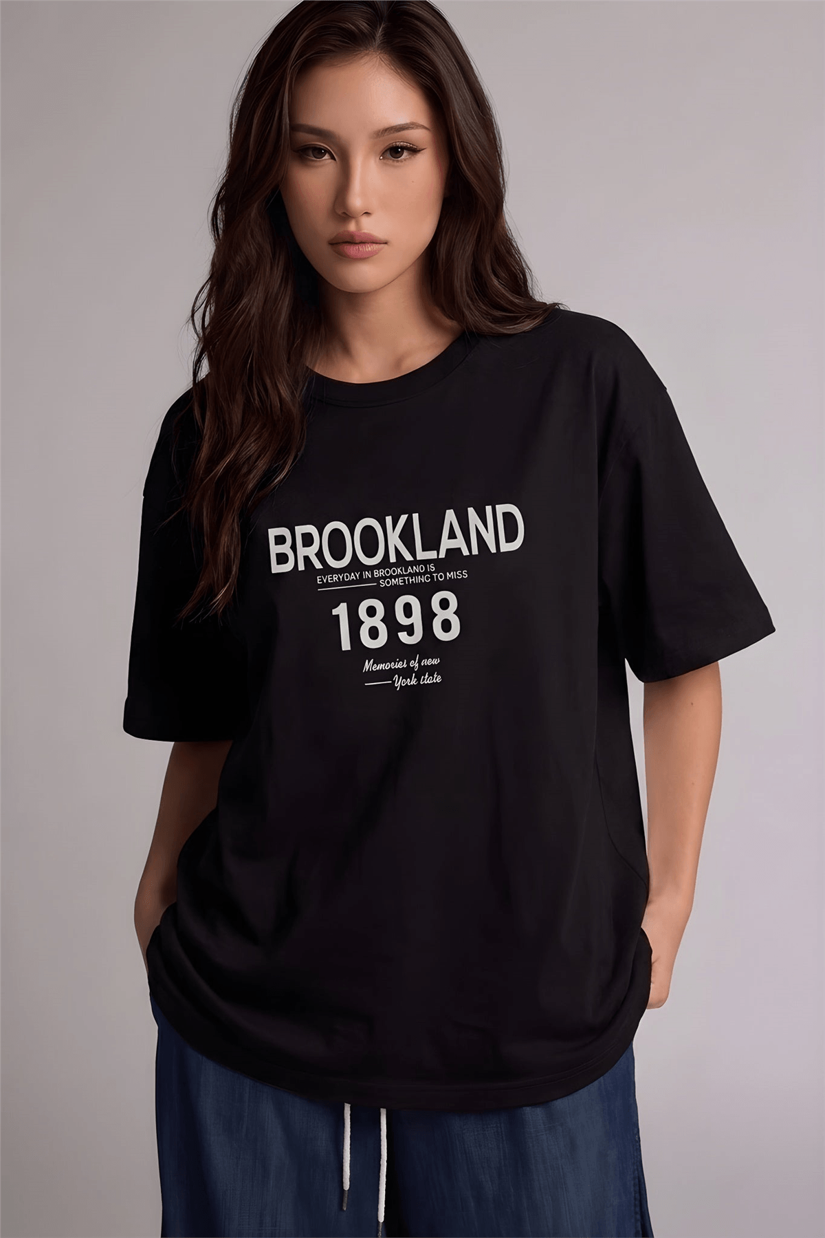 1898 Baskılı Siyah Oversize Salas Boyfriend Kadın T-Shirt