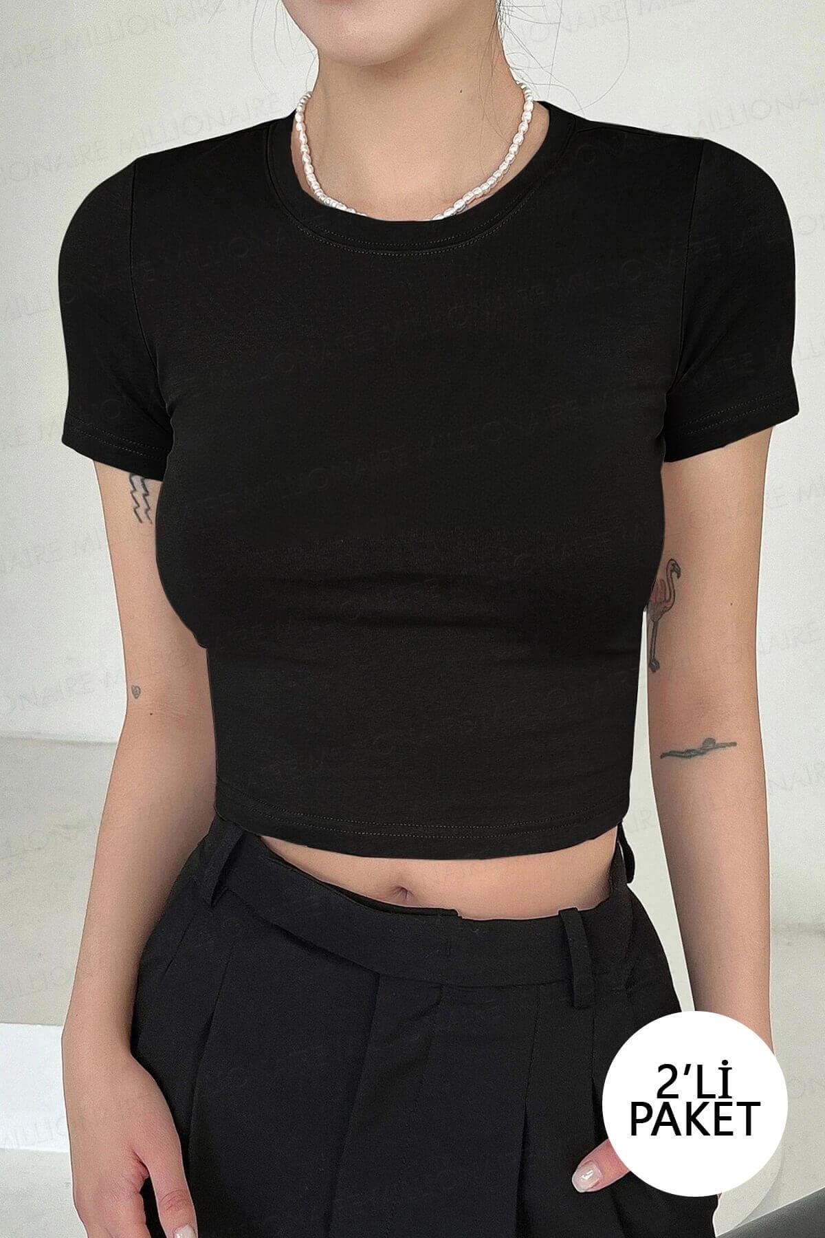 2'li Kısa Kol Kadın Siyah Bisiklet Yaka Likralı Body Crop Bluz