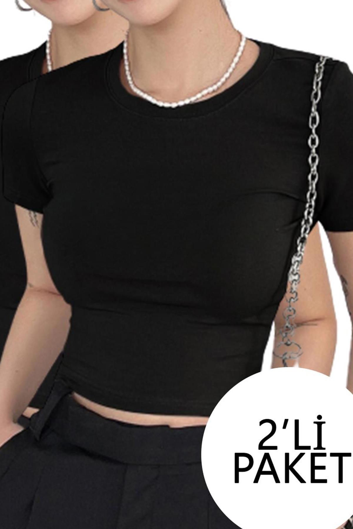 2'li Kısa Kol Kadın Siyah Bisiklet Yaka Likralı Body Crop Bluz