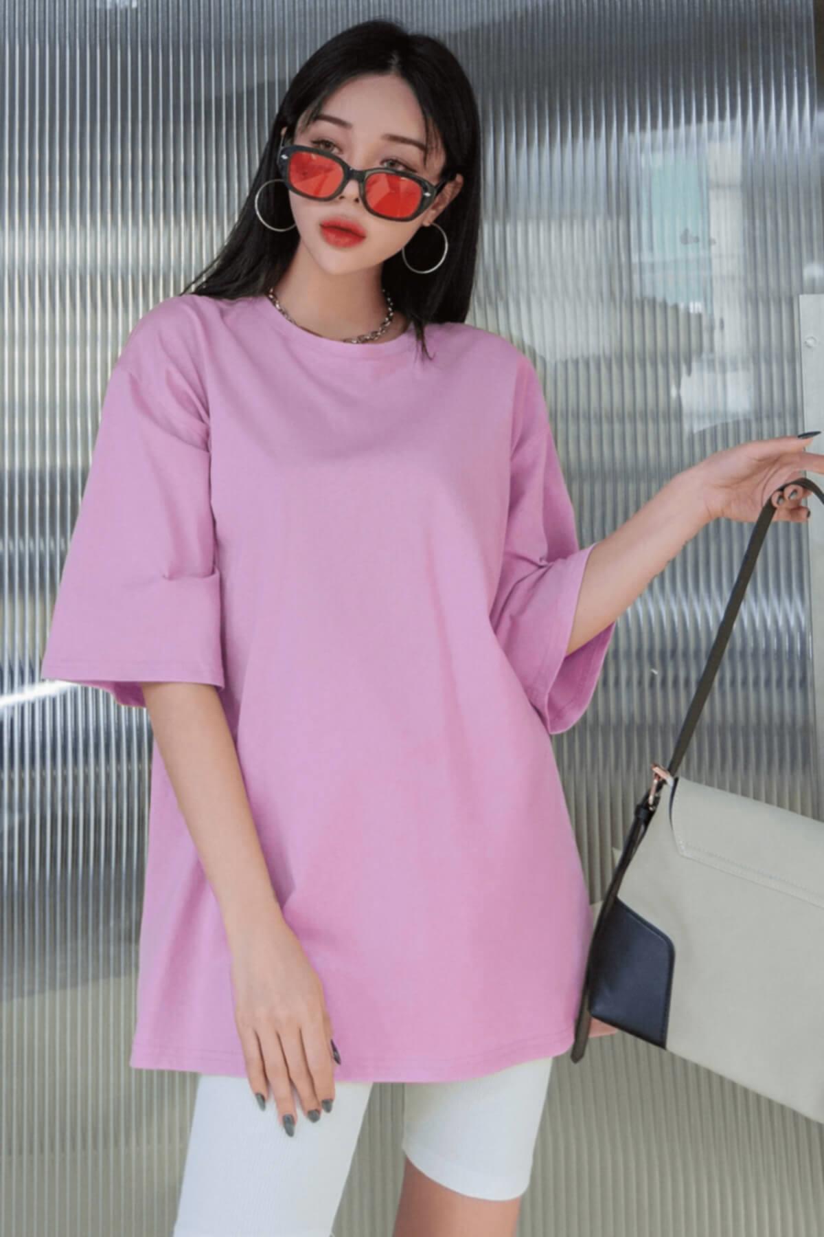Açık Pembe Basic Düz Baskısız Oversize Salas Boyfriend Kadın T-Shirt