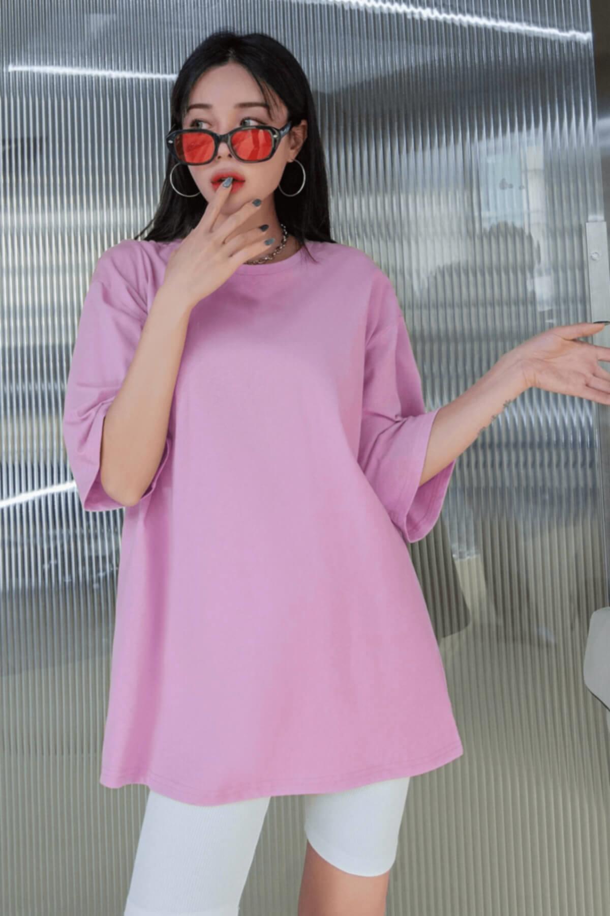 Açık Pembe Basic Düz Baskısız Oversize Salas Boyfriend Kadın T-Shirt