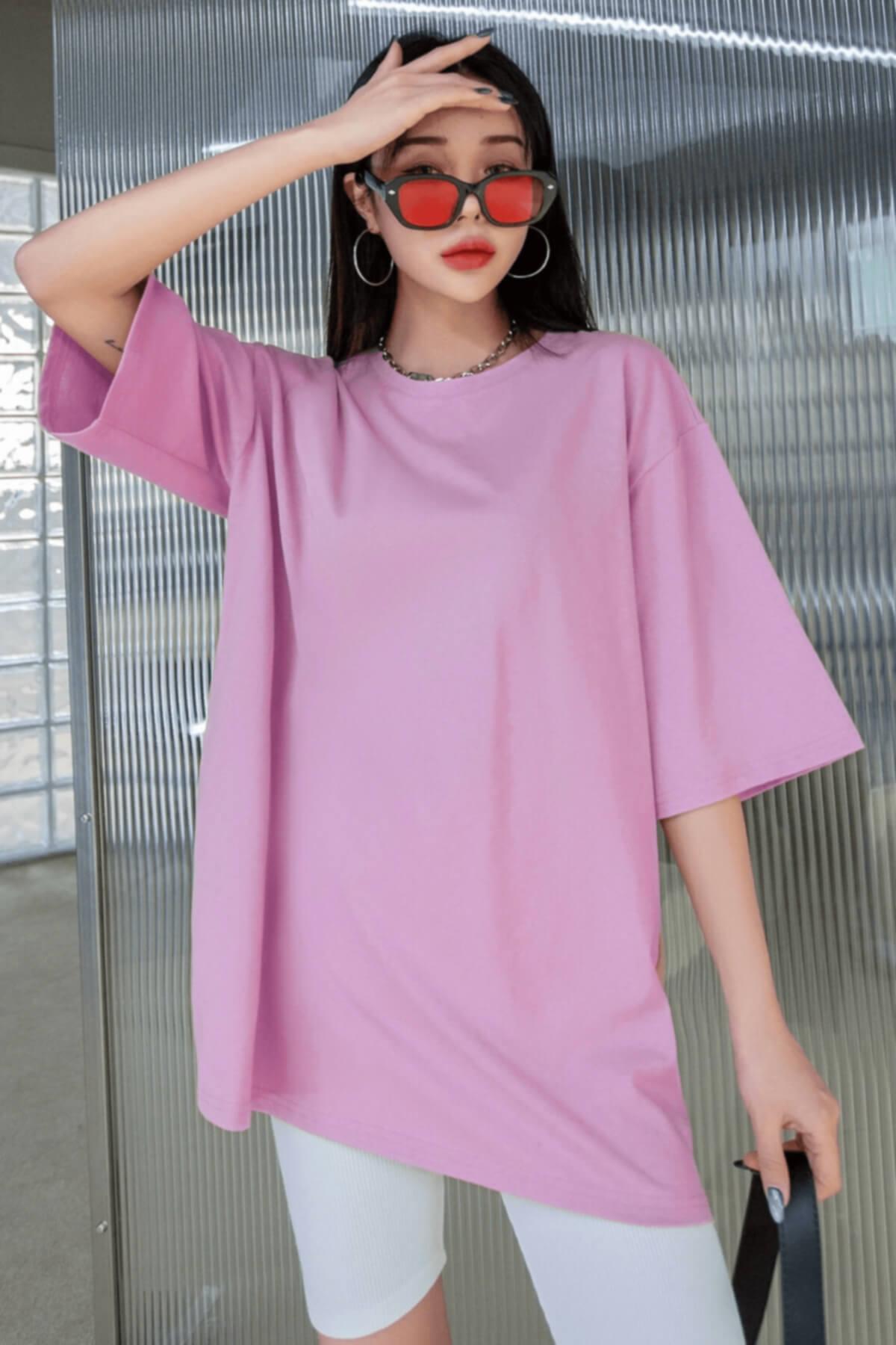 Açık Pembe Basic Düz Baskısız Oversize Salas Boyfriend Kadın T-Shirt